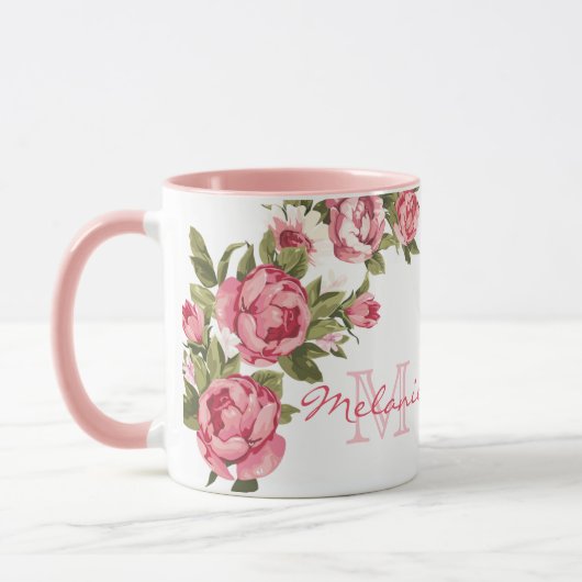 blauwe roze rozen Peonies name, monogram Mok (Links)