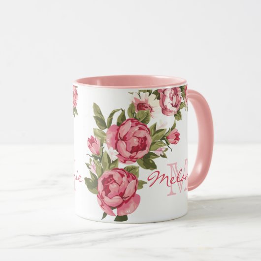  blauwe roze rozen Peonies name, monogram Mok (Voorkant rechts)