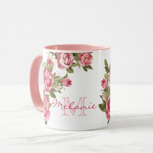 blauwe roze rozen Peonies name, monogram Mok (Voorkant links)