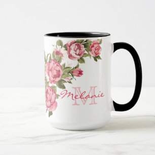 blauwe roze rozen Peonies name, monogram Mok
