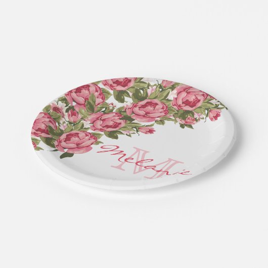 blauwe roze rozen Peonies name, monogram Papieren Bordje (Gekanteld)