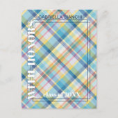 Blauwe roze Tartan Afstuderen Aankondiging Briefkaart (Voorkant)