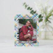 Blauwe roze Tartan Afstuderen Aankondiging Briefkaart (Staand voorkant)