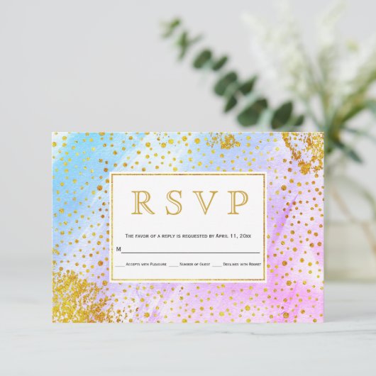 Blauwe, roze waterverf confetti specks bruiloft RS RSVP Kaartje (Staand voorkant)