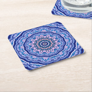 Blauwe roze witte Agate Boho Mandala Vierkante Kartonnen Onderzetter