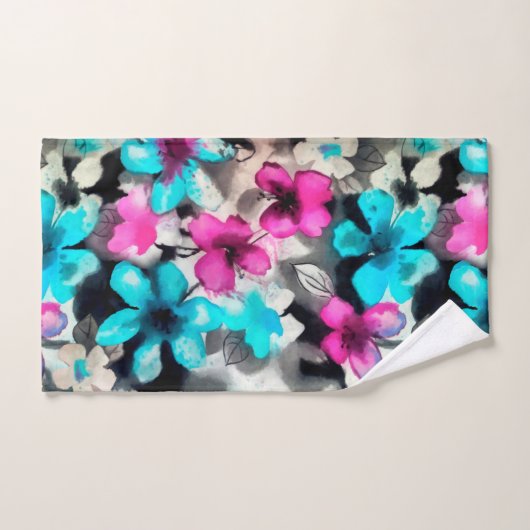 Blauwe roze witte zwarte Waterverf bloemen Bad Handdoek (Handdoek)