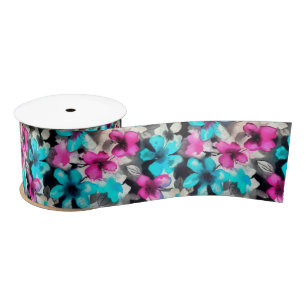 Blauwe roze witte zwarte Waterverf bloemen Lint