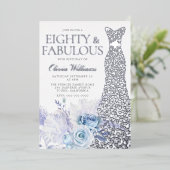 Blauwe Rozen 80ste Verjaardagsfeestje Zilver Folie Uitnodiging (Staand Voorkant)