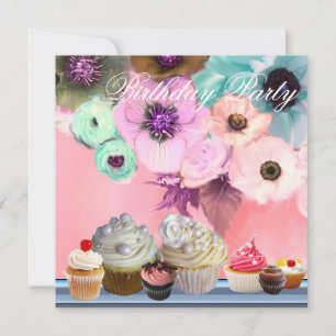 BLAUWE ROZEN ANEMONE FLOWERS AND CUPCAKES Birthday Kaart