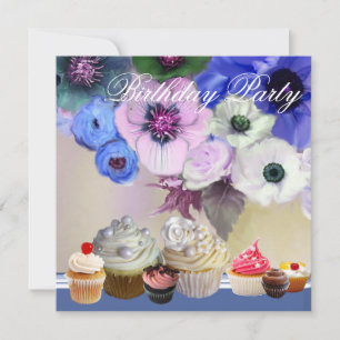 BLAUWE ROZEN ANEMONE FLOWERS AND CUPCAKES Birthday Kaart