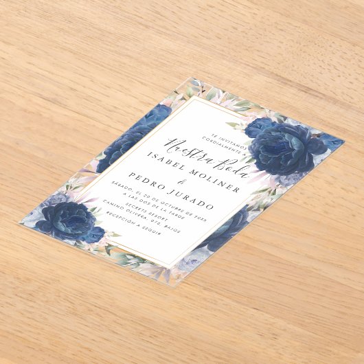 Blauwe Rozen Bloemen Nuestra Boda Spaans Bruiloft Acryl Uitnodigingen (Laagn)