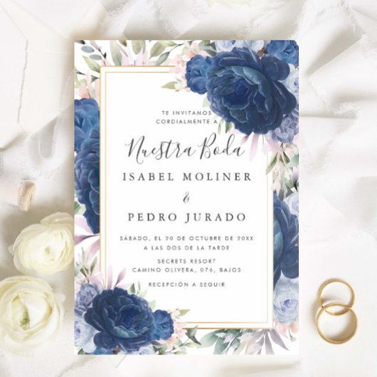 Blauwe Rozen Bloemen Nuestra Boda Spaans Bruiloft Kaart