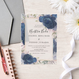 Blauwe Rozen Bloemen Nuestra Boda Spaans Bruiloft Vellum Uitnodigingen