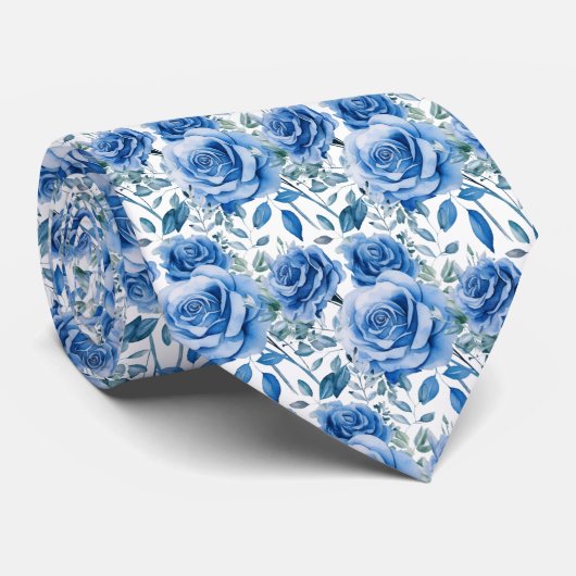 Blauwe Rozen Bloemen Stropdas (Opgerold)
