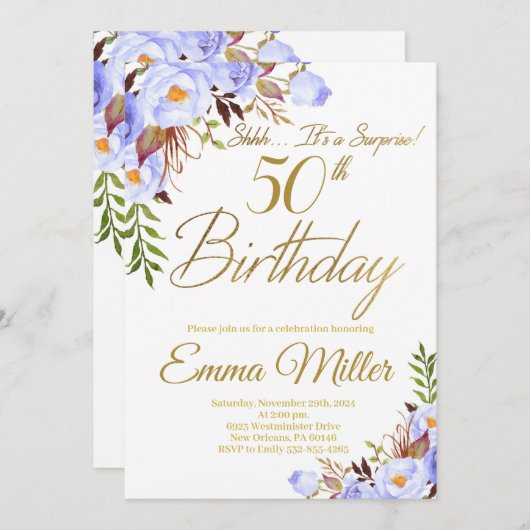 Blauwe Rozen Bloemen Verrassing 50ste Verjaardagsf Kaart (Voorkant / Achterkant)