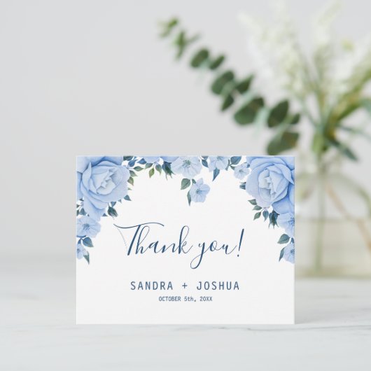 Blauwe Rozen Dank u bruiloft platte kaart (Staand voorkant)