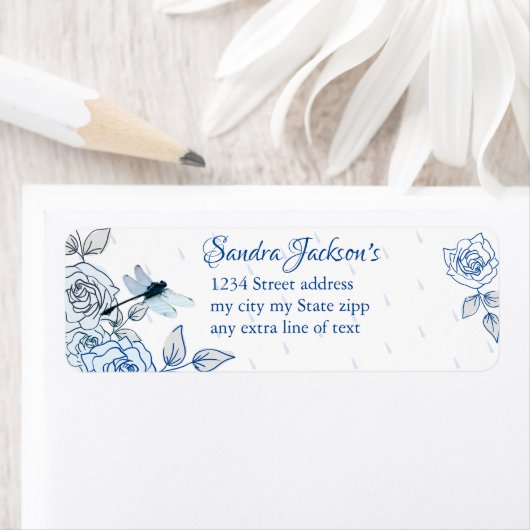 Blauwe Rozen Dragonfly Baby shower Etiket (Insitu)