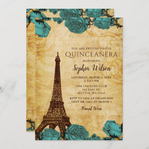  Blauwe Rozen Eiffeltoren Quinceañera Kaart