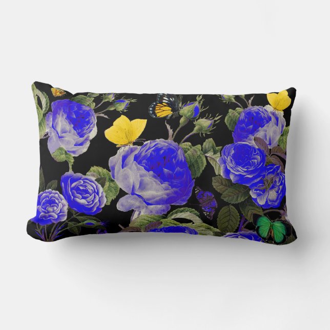 BLAUWE ROZEN EN GEEL BUTTERFLIES zwart Kussen (Voorkant)