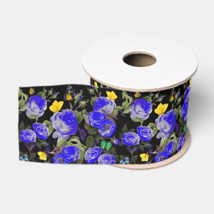 BLAUWE ROZEN EN GELE VLINDERS Zwart Grosgrain Lint