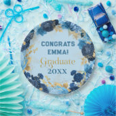 Blauwe Rozen en Gouden Folie Bladeren Afstuderen Papieren Bordje (Feest)