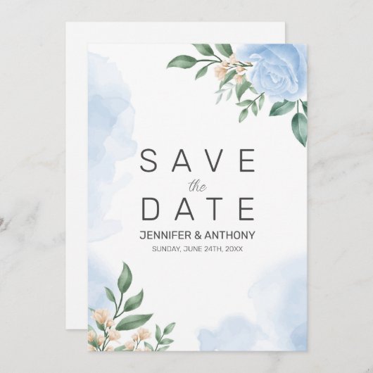 Blauwe Rozen en knoppen Save The Date (Voorkant / Achterkant)