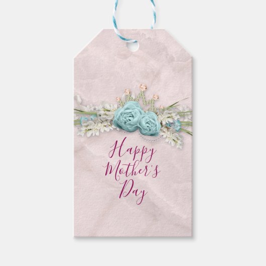 Blauwe Rozen en kroonFloral Bouquet Moederdag Cadeaulabel (Voorkant)