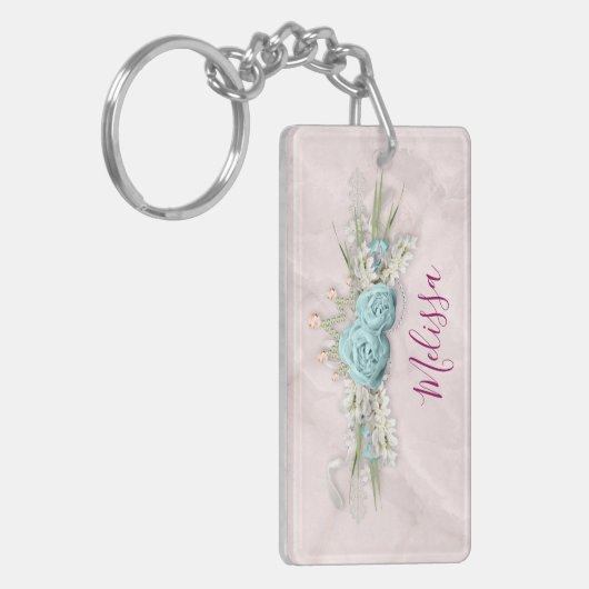 Blauwe Rozen en kroonFloral Bouquet Sleutelhanger (Voorkant Links)