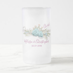 Blauwe Rozen en kroonFloral Bouquet Wedding Matglas Bierpul