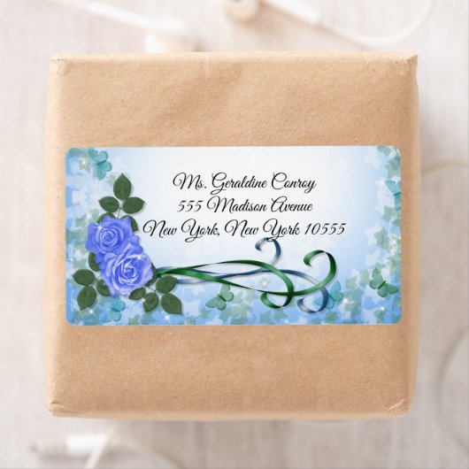 Blauwe rozen en linten adresetiketten etiket (Insitu)