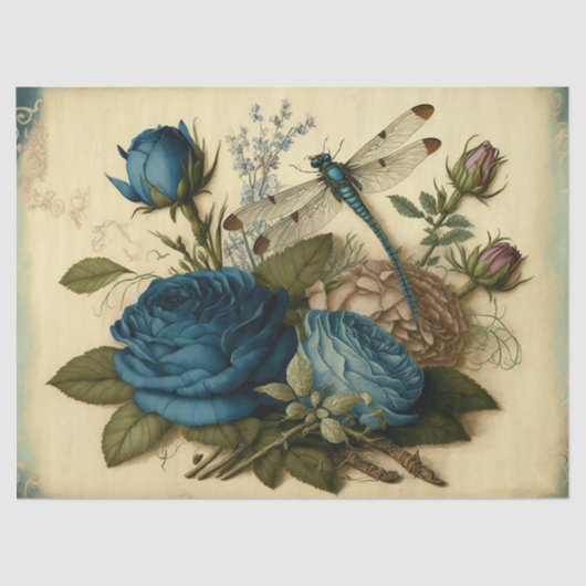 blauwe Rozen en ontkoppeling van de dragonfly Tissuepapier (Voorkant)