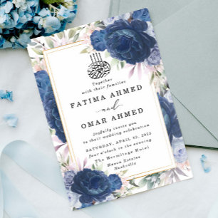 Blauwe Rozen Floral Islamitisch Moslim Bruiloft Kaart