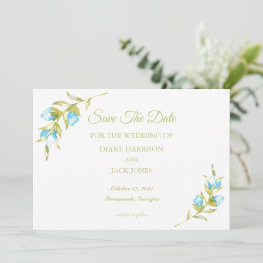 Blauwe Rozen knoppen bruiloft opslaan datum Kaart (Staand voorkant)