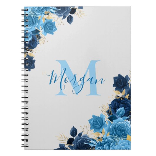 Blauwe Rozen met Gold Glitter Script-monogrammen Notitieboek (Voorkant)