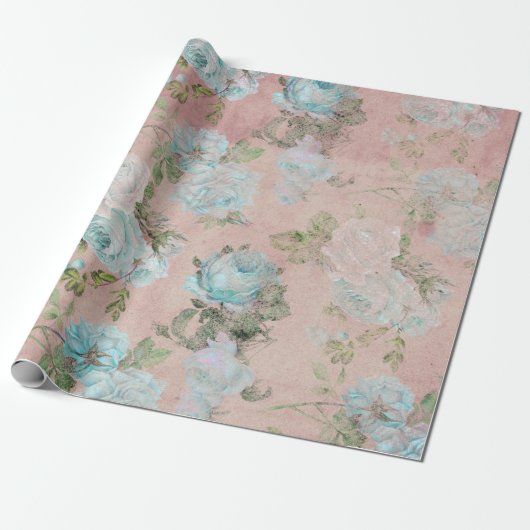 Blauwe Rozen op Blush Pink Cadeaupapier (Uitgerold)