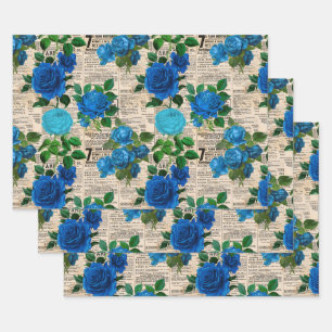 Blauwe Rozen op krantenpapier Inpakpapier Vel