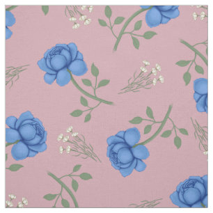 Blauwe Rozen op Roze Oversized Calico Stof