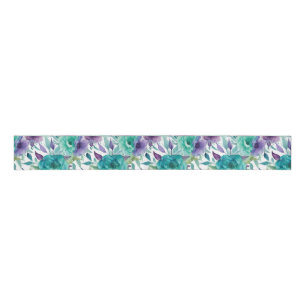 Blauwe Rozen Paarse Waterverf Bloemen Grosgrain Lint