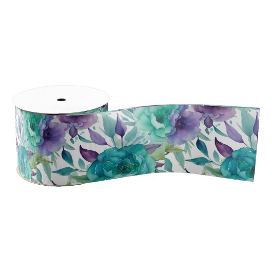 Blauwe Rozen Paarse Waterverf Blooms Grosgrain Lint (Spoel)