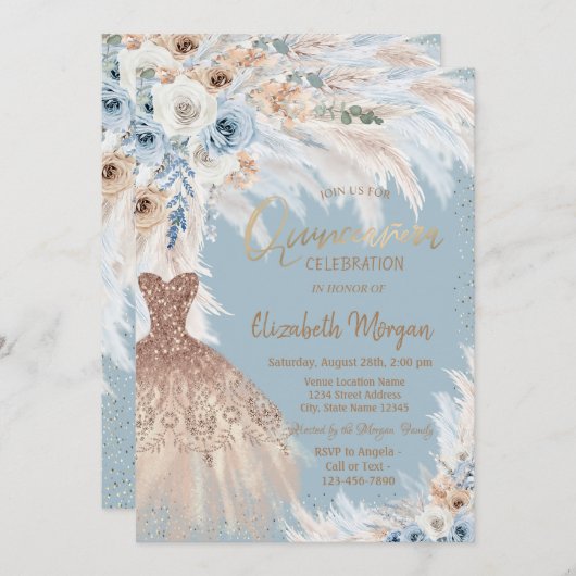 Blauwe Rozen Pampas Grass Jurk Lichtblauw Kaart (Voorkant / Achterkant)