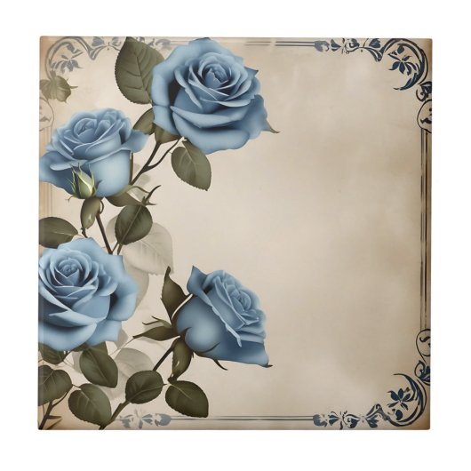 Blauwe Rozen Shabby Tegeltje (Voorkant)