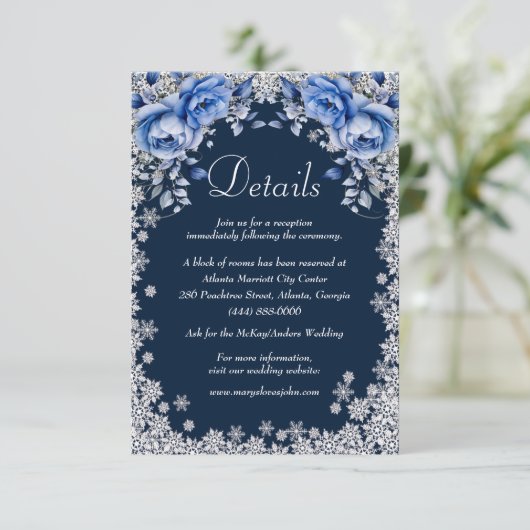 Blauwe Rozen Sneeuwvlok Kerstbruiloft Details Informatiekaartje (Staand voorkant)