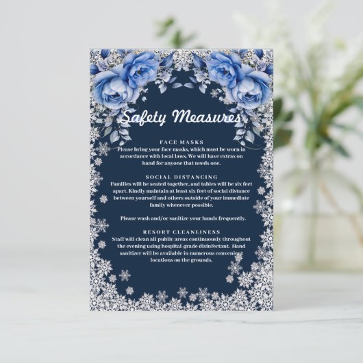 Blauwe Rozen Sneeuwvlok Kerstbruiloft Informatiekaartje (Staand voorkant)