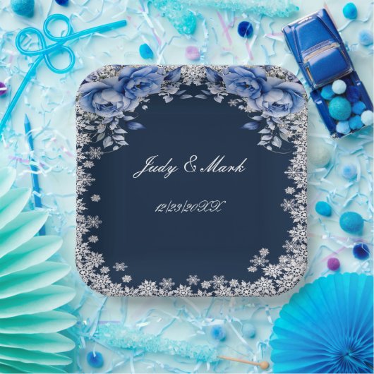 Blauwe Rozen Sneeuwvlok Kerstbruiloft Papieren Bordje (Feest)