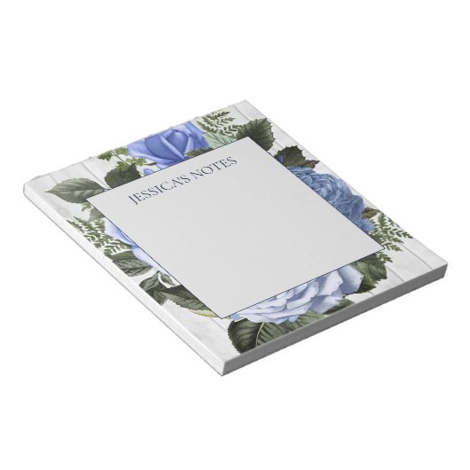 Blauwe Rozen Witte Rustieke Houten Naam Notitie Notitieblok (Schuin)