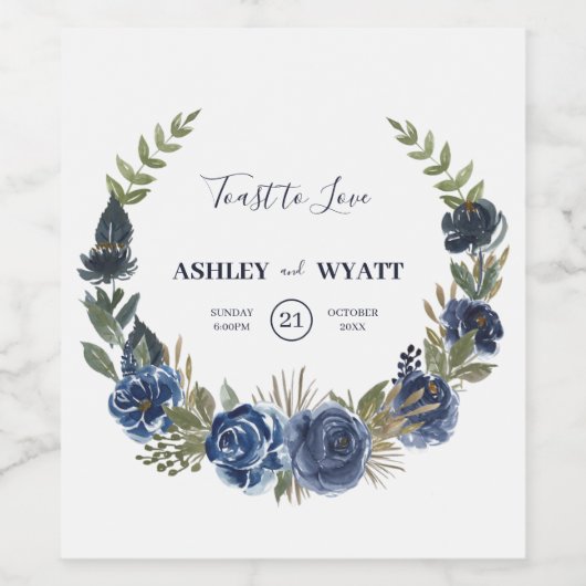 Blauwe Rozen Wreath Wijn Etiket (Enkel label)