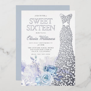 Blauwe Rozen Zilveren Folie Jurk Sweet 16 Party Folie Uitnodiging
