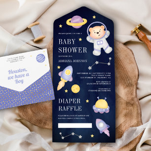 Blauwe Ruimtedekbeer Astronaut Babyfeestje All In One Uitnodiging