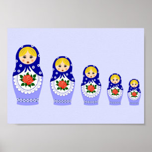 Blauwe russische matryoshka nestpoppen poster