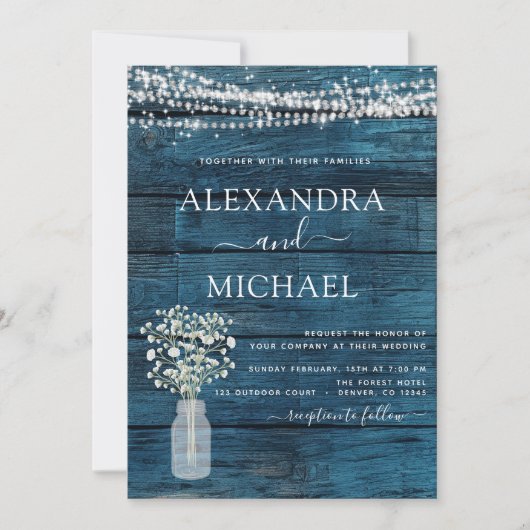 Blauwe rustieke boerderij Baby's Breath Jar Bruilo Kaart (Voorkant)